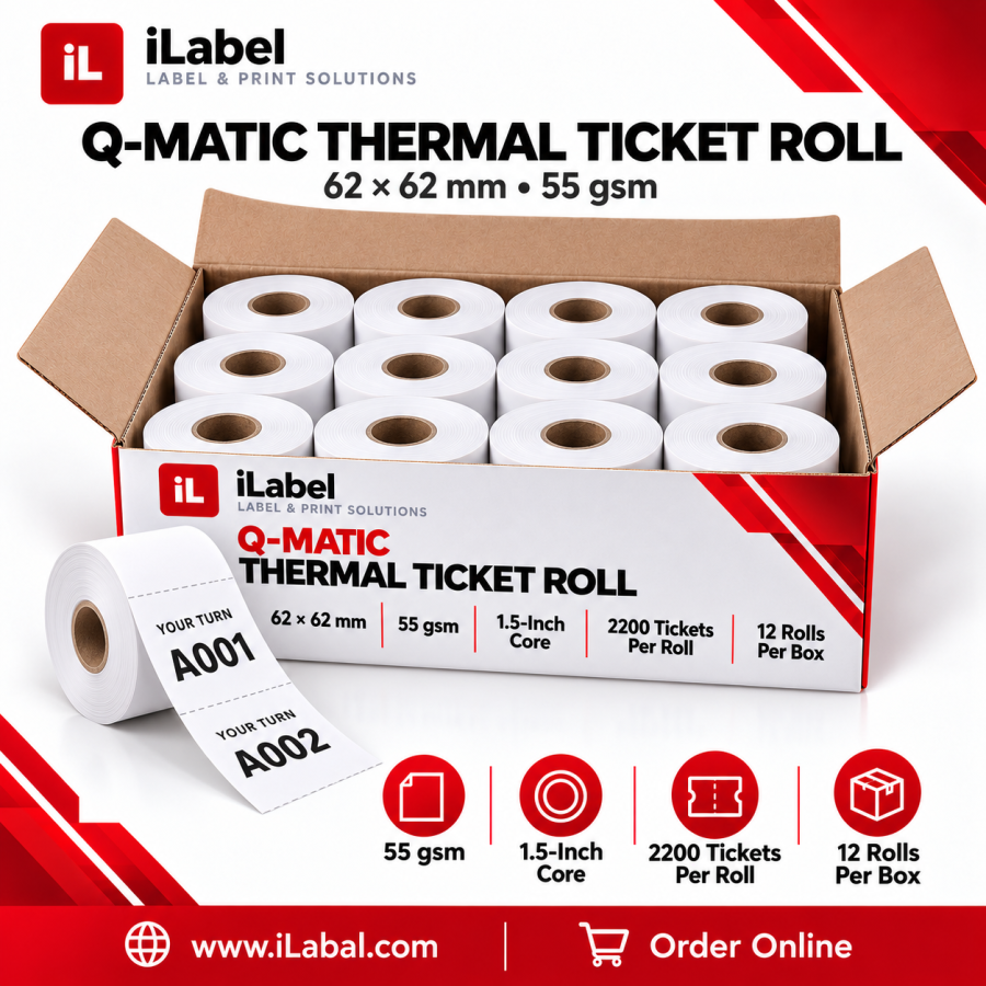 Q-Matic Thermal Ticket Roll -55gsm,62mm*62mm,1.5Inch Core,2200 Tickets,12 Rolls Each Box